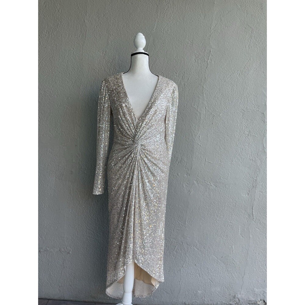 Mac Duggal Silver Sequin High Low Dress